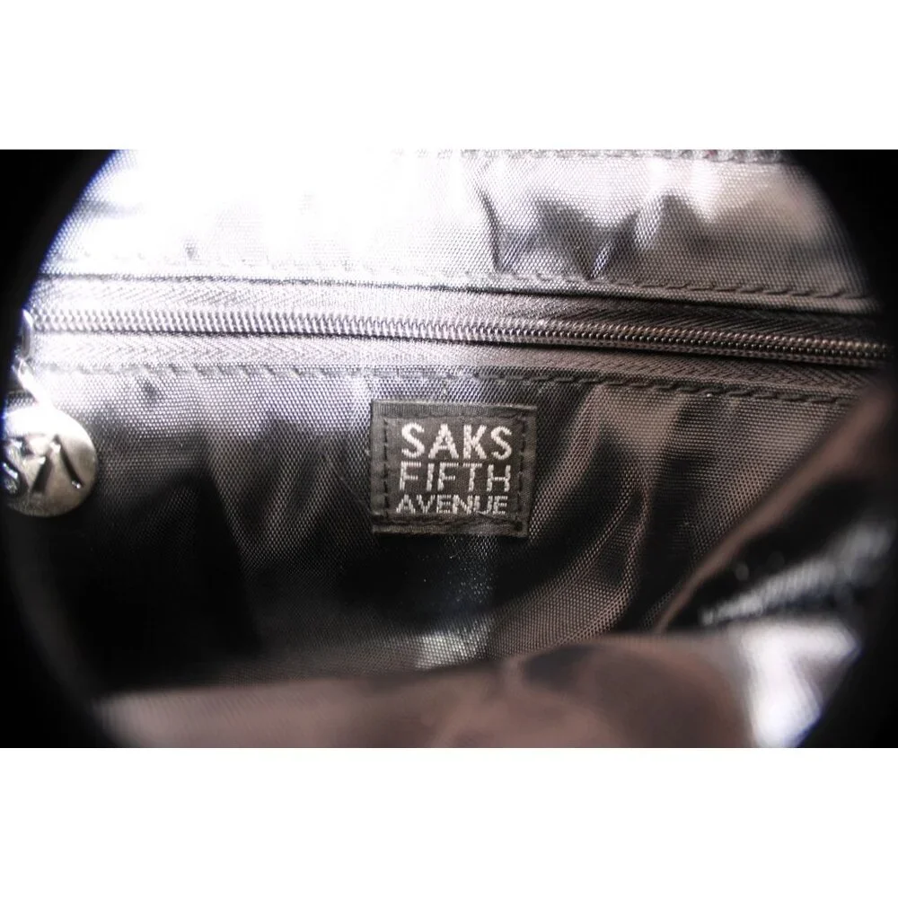 Saks Fifth Ave Black Tan Embossed Logo Reusable Tote Bag Laminated PP 10x9